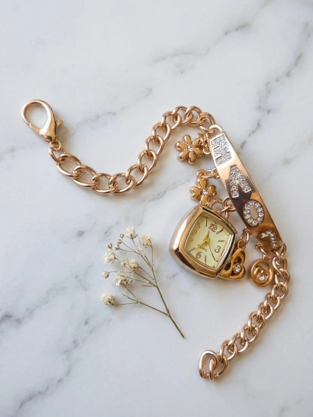 Gold-Tone Charm Bracelet Watch with Crystal Accents